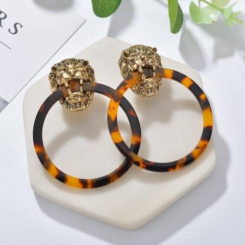 SONGDA Cool Lion Head Big Circle Geometric Earrings Exotic Leopard Printed Resin Hanging Dangle Earrings Vintage Jewelry Brincos