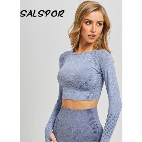 SALSPOR Long Sleeve Sport Women T Shirts Fitness Athletic Activewear Ladies Workout Crop Top O-Neck Basic High Elastic Gym