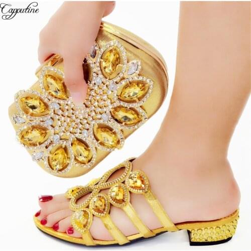 Gold African Women Slippers Shoes With Clutch Bag Set Ladies Medium Heels 3CM Sandals And Purse Handbag Pantuflas CR0730