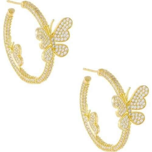 2020 Luxury Full Rhinestone Butterfly Hoops Gold Circle Crystal Filled Butterfly Earrings For Women Wholesale Jewelry