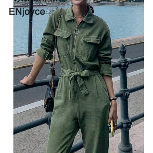 ENjoyce Casual Army Green Jumpsuit for Women Thicken Lantern Sleeve High Waist Lace Up Bowknot Jumpsuits Female 2020