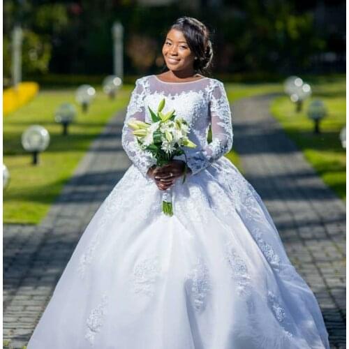Hot Sale Ballgown Long Sleeves Wedding Dresses Floor Length Lace Appliques African Bridal Dresses Custom Made