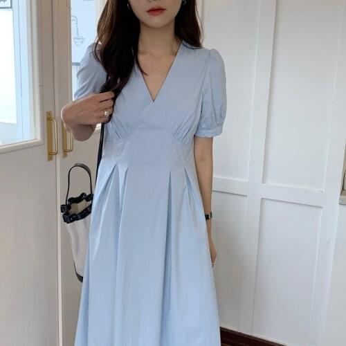 V-Neck Summer Party Dress Women Puff Sleeve Casual Blue Long Midi Dress Korean Elegant Party Dress French Cotton High Waist