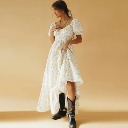 2021 Womens Yellow Printed Midi Dress Back Cross Lace Up Bubble Sleeve Boho Dress Square Neck A-line Dress Princess Dress Mujer