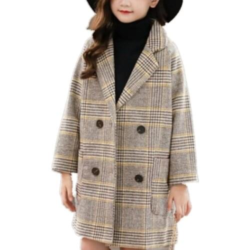 Winter Coat For Girls Thick Woolen Jacket For Girls Fashion Plaid Kids Outerwear Autumn England Teenage School