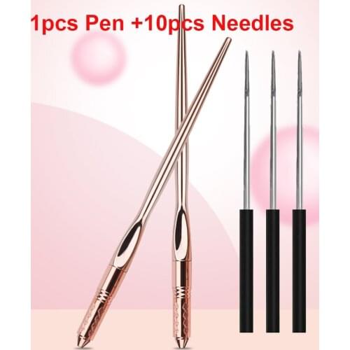 1pcs 16CM Glass Gold Microblading Manual Pen and 10pcs Tattoo Needles 3RL 3RS 5RL 5RS