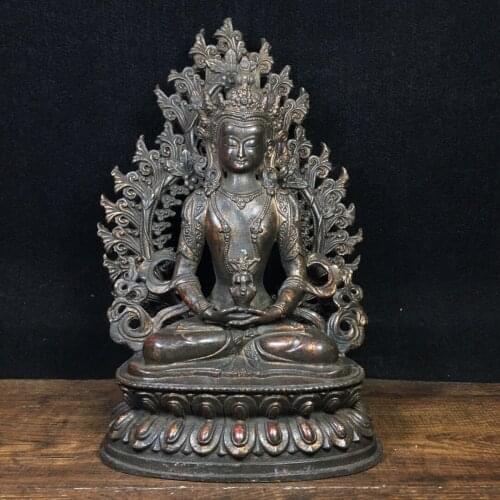 10" Tibet Buddhism Old Bronze Cinnabar Longevity Buddha Immortal Life Wisdom Tathagata Backlight Amitabha statue