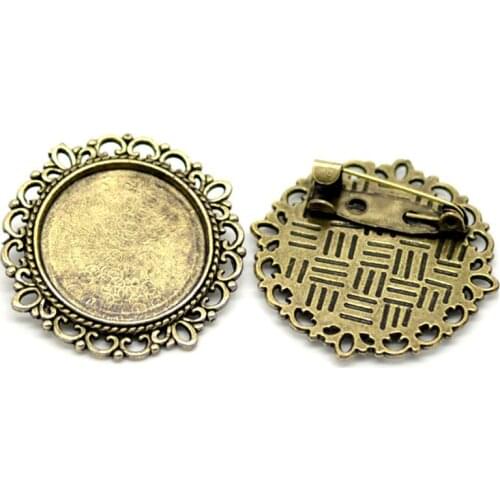50Pcs Round Cabochon Cameo Frame Setting Brooches Support de Broche Bronze Tone 32mm(Fit 20mm)