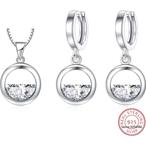 925 Sterling Silver Simple Hollow Round Shine Crystal Cubic Zircon Jewelry Set Necklace+Earring For Women Anniversary Gift 2021