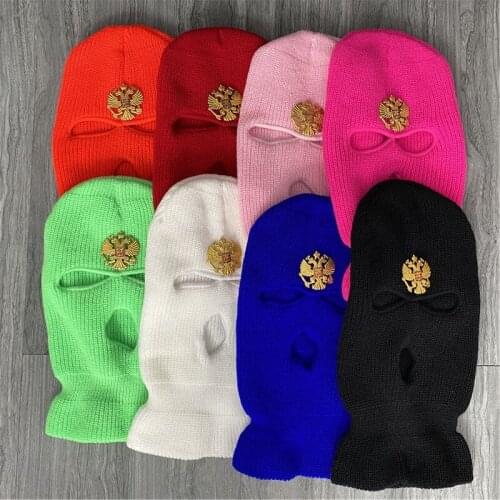 WZCX Badge Balaclava Full Face Mask Hat For Keep Warm Hip Hop Ski Mask Unisex Knit Full Caps Solid Color Winter Sports Beanies