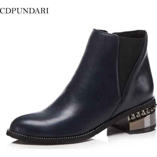 CDPUNDARI Round Toe Ankle Boots For Women Med Heels Chelsea Boots Ladies Spring Autumn Short Boot Shoes Woman Black Blue