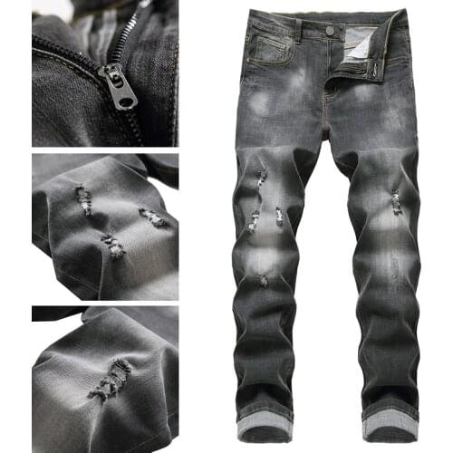 Mens casual small feet dark pants ripped slim fit jeans mens fashion brand sports stretch jeans