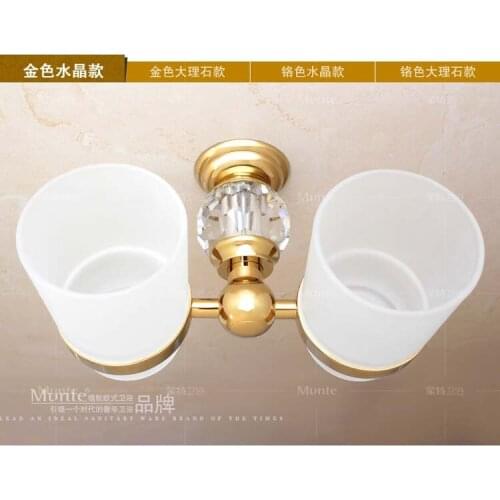 Crystal Decoration Gold Brass Bathroom Double Toothbrush Cup Glass Tumbler Holder Shelf Rinsing Mug Sanitary Ware Accessories