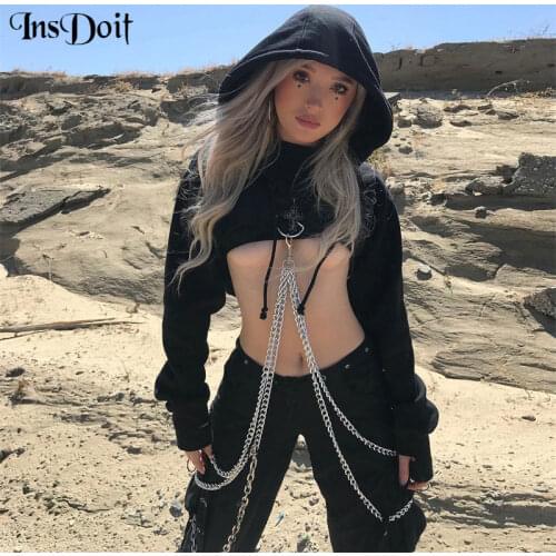 InsDoit Harajuku Streetwear Black Hoodies Gothic Punk Metal Chain Patchwork Hoodies Sexy Women Autumn Long Sleeve Cropped Tops