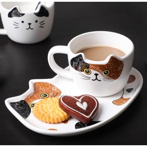Home cat ceramic coffee cup and saucer with spoon set European style simple afternoon tea and breakfast cutlery mug