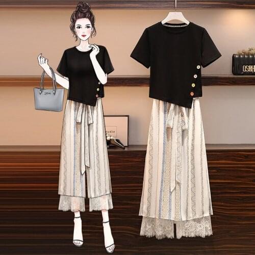 Fashion women lace wide-leg pants set2021summer new design short-sleeved irregular top + lace stitching wide-leg pants two-piece