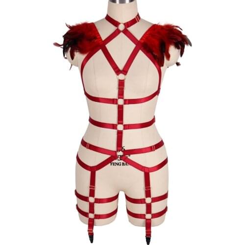 Cosplay Women Feather Harness Garter Sets Gothic Sexy Body Bondage Stocking Strap Chest Restraint Suspenders BDSM Erotic Belt