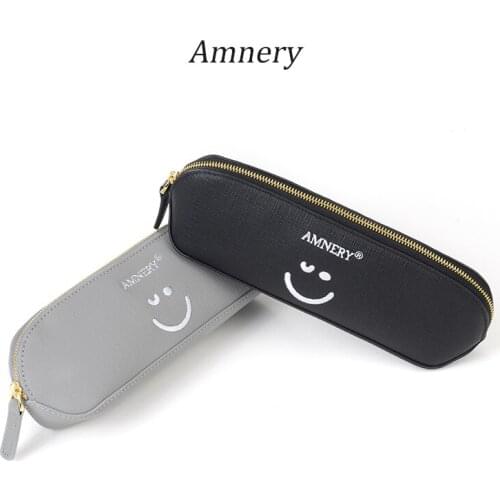 Amnery Leather Pencil Case with Hand Embroidery Smiley Zipper Pen Pouch