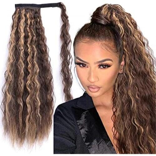 Kong&Li Curly Long Ponytail Synthetic Hairpiece Wrap on Clip Hair Extensions Ombre Brown Pony Tail Blonde Fack Hair