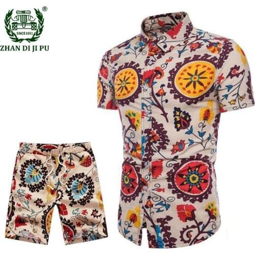 Summer Mens Casual Set Cotton Linen Mens Clothes Floral Shirt Beach Shorts Print Shirts Shorts Pants Two Piece Suit Plus Size