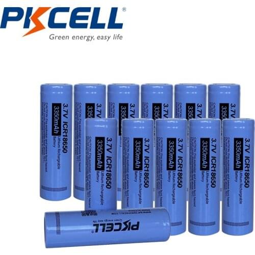 12Pcs PKCELL ICR 18650 Lithium batteries ICR18650 3.7v Rechargeable Li-ion Battery 3350mAh Flat Top NO Pcm For Flashlight DIY