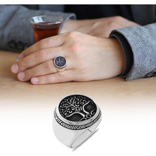 Tesbihane Oval Design Family Tree themed 925 Sterling Silver Men 'S ring