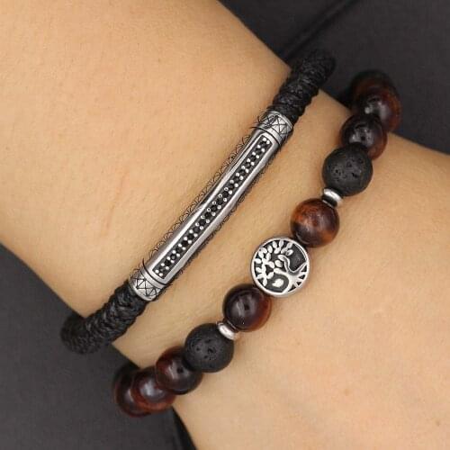 2pcs/set Natural Red Stone Tiger Eye Bead Bracelet Stainless Steel Tree of Life Charms Braid Tube Bracelet Jewelry for Men Women