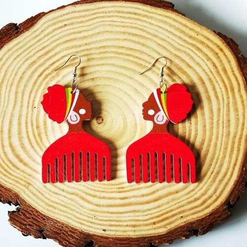 Wood Africa Neon Colorful Comb Hairdresser Barber Afro Rock Earring Vintage Wooden African Hiphop Tribal Party Club Ear Jewelry