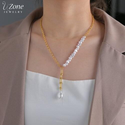 UZone Irregular Gold Stainless Steel Personalized Half Pearl Chain Necklaces for Woman Girls Pendants Party Gifts Daily Jewelry