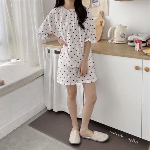 Pajama Womens 2021 Summer New Korean Cotton Little Love Cute Pullover Suit Leisure Home Clothes Female Sleepwear Lady Nightwear
