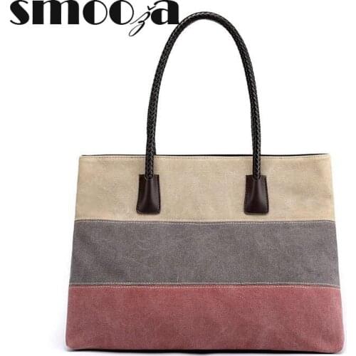 SMOOZA Women Handbag 2021 New Fashion Bag Ladies Shoulder Bag Cuasual High Quality Shopping Bag Stitching Color Canvas Bag
