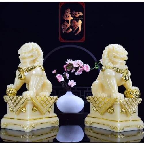 2PCS High-grade Good luck talisman statue Home store company office exorcise evil spirits safe Royal Jade lion gilding Sculpture