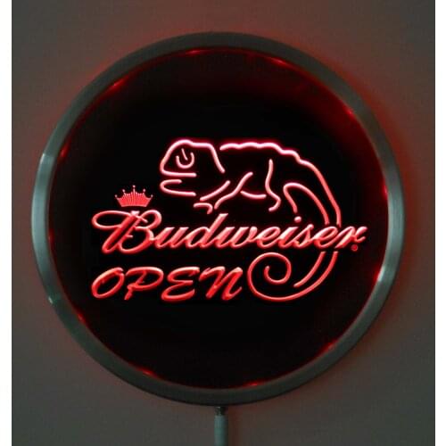Rs-0043 Budweiser Lizard OPEN LED Neon Light Round Signss 25cm/ 10 Inch - Bar Signs with RGB Multi-Color Remote Wireless Control