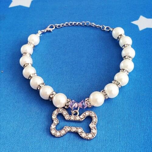 Transer Dog Collar Dog Harness Personalized Small Dogs Bone Rhinestone Pendant Pearl Necklace Collar Pet Accessories Jewelry