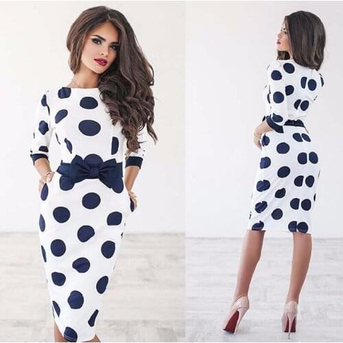 Women Office Lady Slim Bodycon Formal Dress Party Clubwear Half Sleeve O Neck Knee-Length Dress Vestidos Bow Fashion Dot Dress