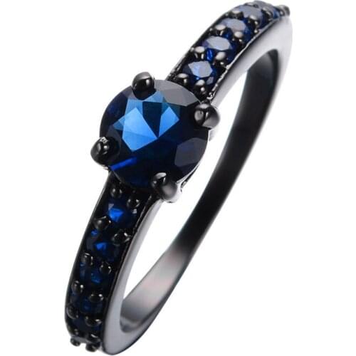 Vintage Female Blue Crystal Stone Ring Charm Black Gold Color Zircon Ring Simple Thin Wedding Band Engagement Rings For Women