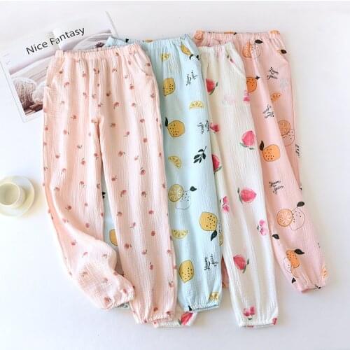 Japanese spring and autumn new ladies pants 100% cotton crepe cloth thin home pants cartoon trousers summer plus size women