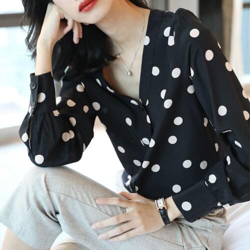 Black polka dot floral silk office blouse womens shirts and blouses 2020 summer sexy boho long sleeve plus size palace loose