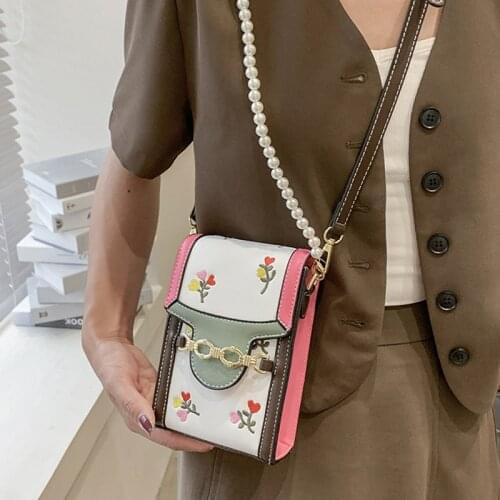 Female Vertical Mobile Phone Bag Pearl Chain Crossbody Bag Leather High Quality Lady Shoulder Bags Mini Satchels Purses Handbag