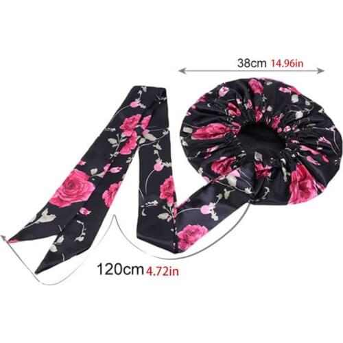 Women Floral Satin Turban Sleeping Cap Long Ribbon Bonnet Head Scarf Chemo Hat 50JB