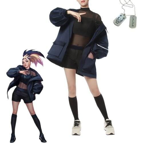 LOL KDA Baddest Akali Cosplay Costume KDA AKALI Cosplay LOL Sexy Costume Jacket Necklace wig shoes For Women Halloween Full Set