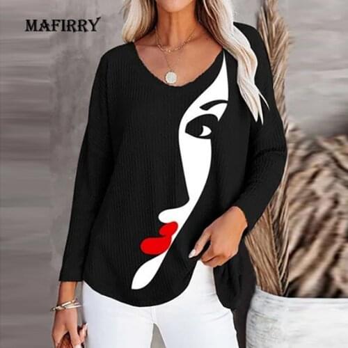 Women Autumn Casual V Neck Slim Fit Pullover Girl Printing Loose Long Sleeve Blouse Lady Tops Plus Size XXXL Streetwear Shirt