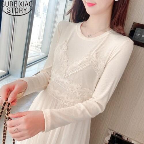 Elegant Midi Dress Autumn And Winter Long Dress olid A Line Elastic Waist O Neck New Dress S 2021 Lace Mesh Women Vestidos 12159