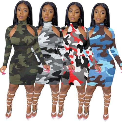 Camouflage Autumn Knee Dress Sexy Cut out Long Sleeve Bodycon Short Dresses Fashion Printed Women Streetwear Casual Clothes