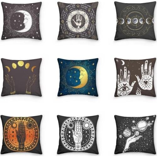 Stars Moon And Sun Cushion Cover Mystical Divination Hand Pillowcase Psychedelic Style Pillowcases Home Bedroom Decor