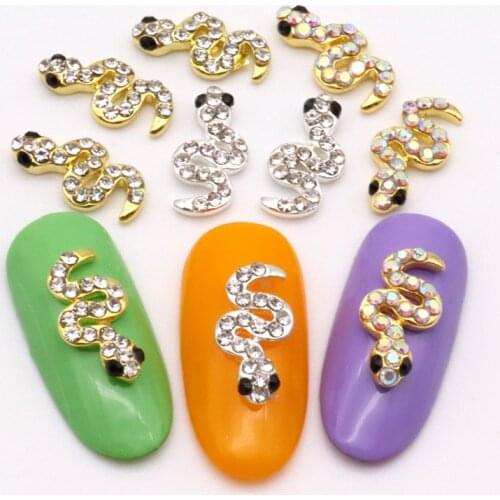 10Pcs 3D Glitter Rhinestones Gold Silver Snake Skull Leopard Head Nail Art Strass Decorations For Alloy Nail Supplies Charm Tool