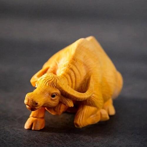 Boxwood 9CM Buffalo Sculpture Lucky Chinese Bull Wood Animal Statue Diligent Home Decors