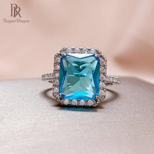 Bague Ringen Top Quality Silver Women Ring Wtih Square Aquamarine Color Gemstones 5A zircon wedding party wholesale gift