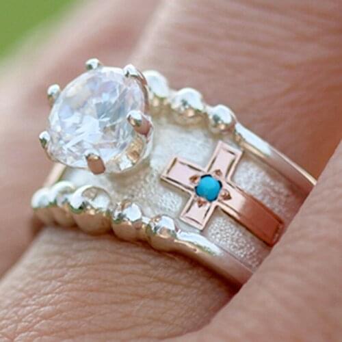 Bohemian style 925 silver plated cross two-color LOVE ring fashion new upscale couple wedding diamond ring