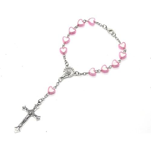 Christian Catholic Cross Heart Baptism Beads Pink Rosary Bracelets for Women Religion Jesus Church Souvenir Gifts Jewelry